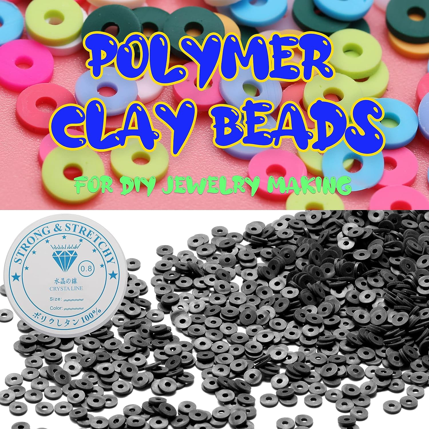 3600 Pcs Black Clay Beads for Bracelets Making, 10 Strands Flat Round Polymer Clay Beads 6mm Spacer Heishi Beads for Jewelry Making Earring Necklace