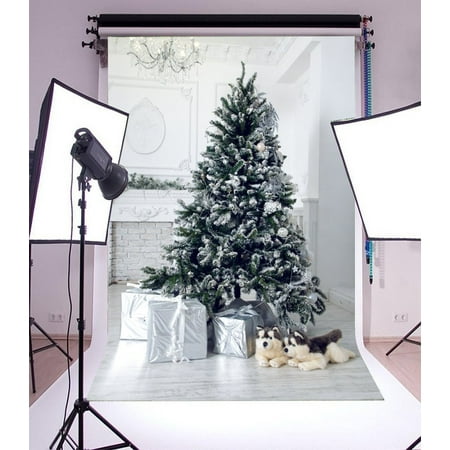 Image of GreenDecor 5x7ft Christmas Photography Backdrop Tree Interior Decorations Fireplace Gift Box White Wall Dog Dolls Scene Photo Background Children Baby Adults Portraits Backdrop