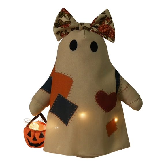 Light-Up Patchwork Ghost Halloween Tabletop Decoration With Floral Bow