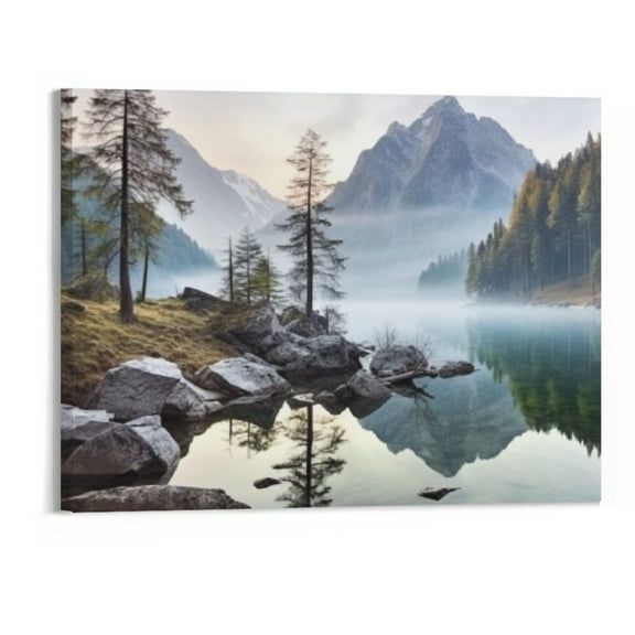JRXY Framed Nature Wall Art Canvas: Modern Lake Landscape Picture Relaxing Mountain Tree Painting Decor Bedroom Rock Scene Print Artwork for Office Living Room 20x16 20x16in