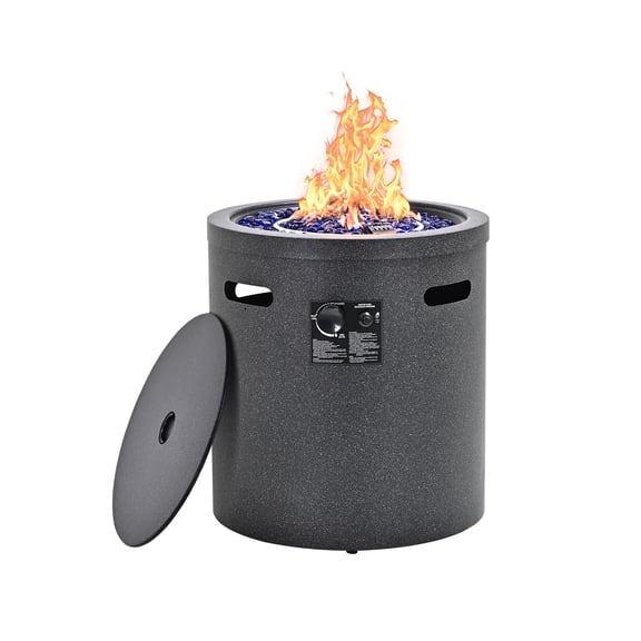 23-Inch 50000 BTU Outdoor Propane Fire Pit Table, Round Metal Fire Pit Column with Fire Glass, Metal Lid & Rain Cover, Black - Ideal for Patio