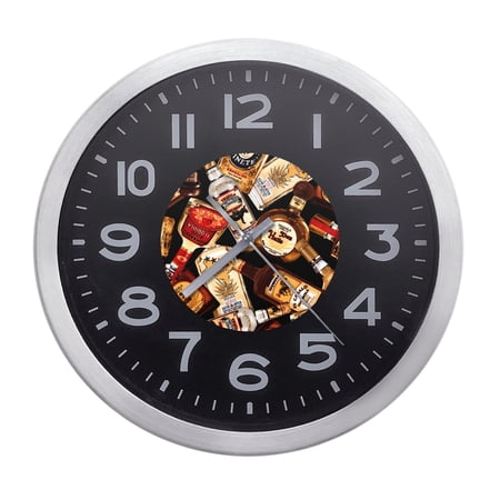 Wall Clock Home Decor or for a Patio/RV/Game Room 10 Round Silver Edge with a Black Face Featuring Your Choice of a Food or Drink Themed Vinyl Decal - FREE Battery Included (Beer Mugs)