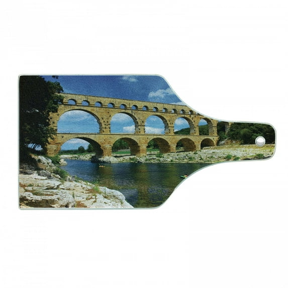 Landscape Cutting Board, Roman Heritage Wall Southern France Architectural Historical Landmark, Decorative Tempered Glass Cutting and Serving Board, Wine Bottle Shape, Blue Green Tan, by Ambesonne