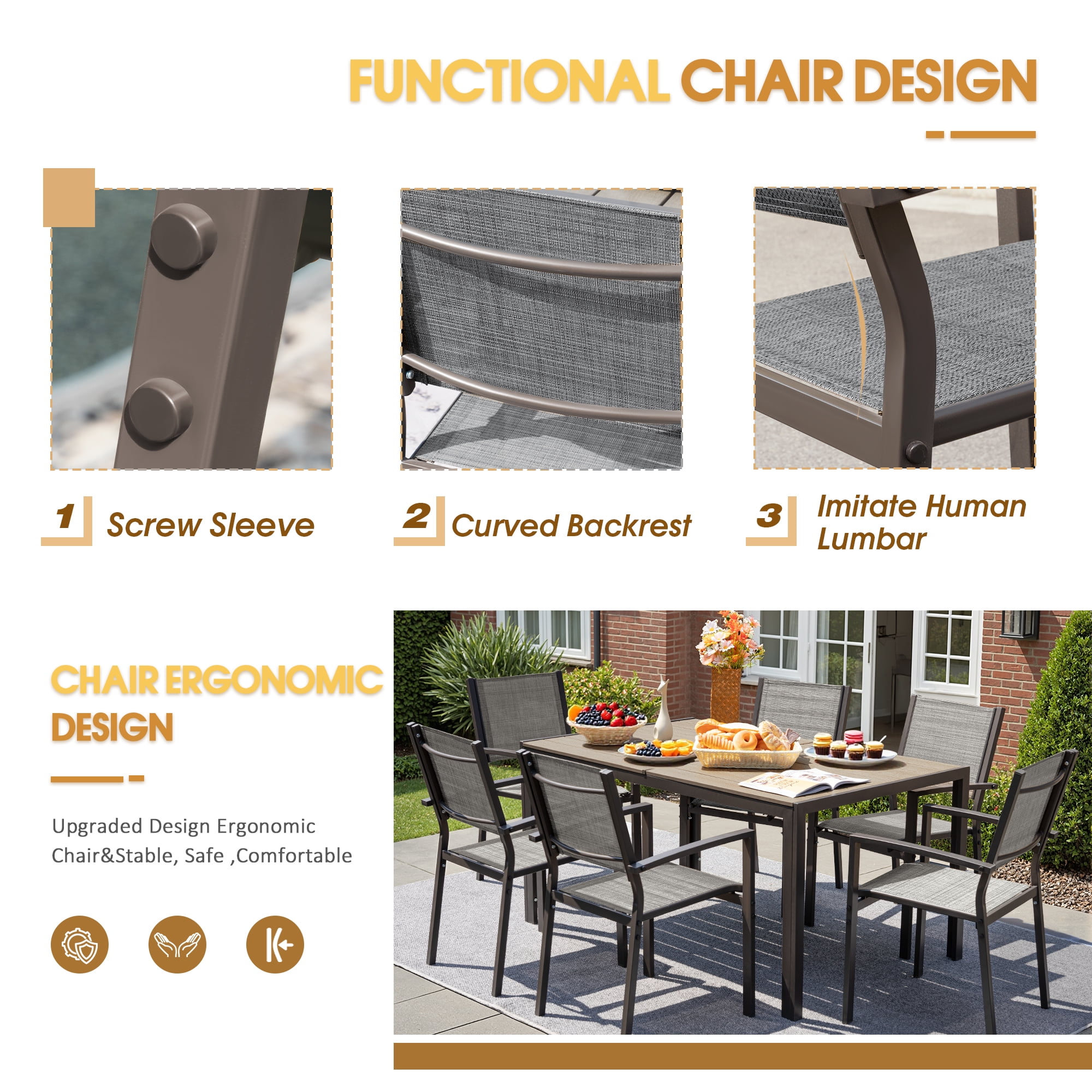 Devoko 7 Pieces  Outdoor Dining Set ,Patio Conversation Set Outdoor Furniture Set 6 Stackable Textilene Armchairs with Rectangular Table, Light Gray