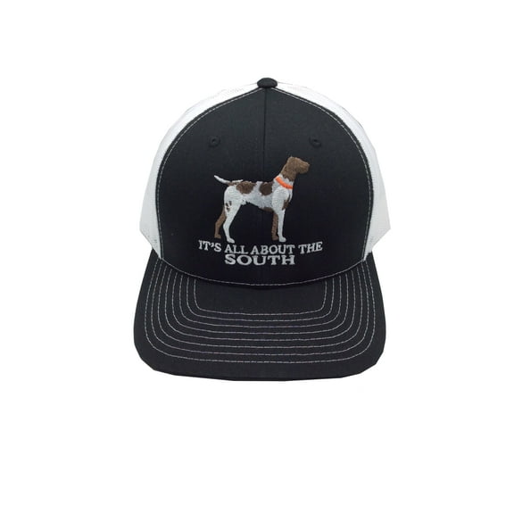 It's All About The South Pointer Dog Trucker Mesh Snapback Hat- Black/White