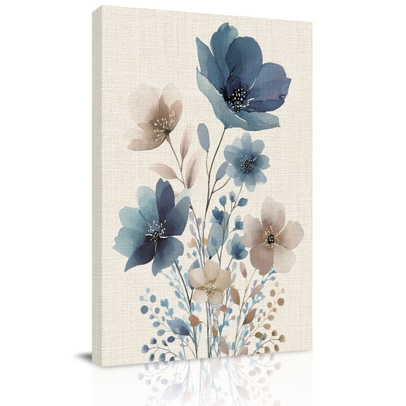 Canvas Wall Art, Navy Blue Floral Framed Canvas Prints for Kitchen Bedroom, Watercolor Flowers Farmhouse Linen Small Gallery Wrapped Wall Decor for Home Office, Gifts, 8"x12" Ship Next Day