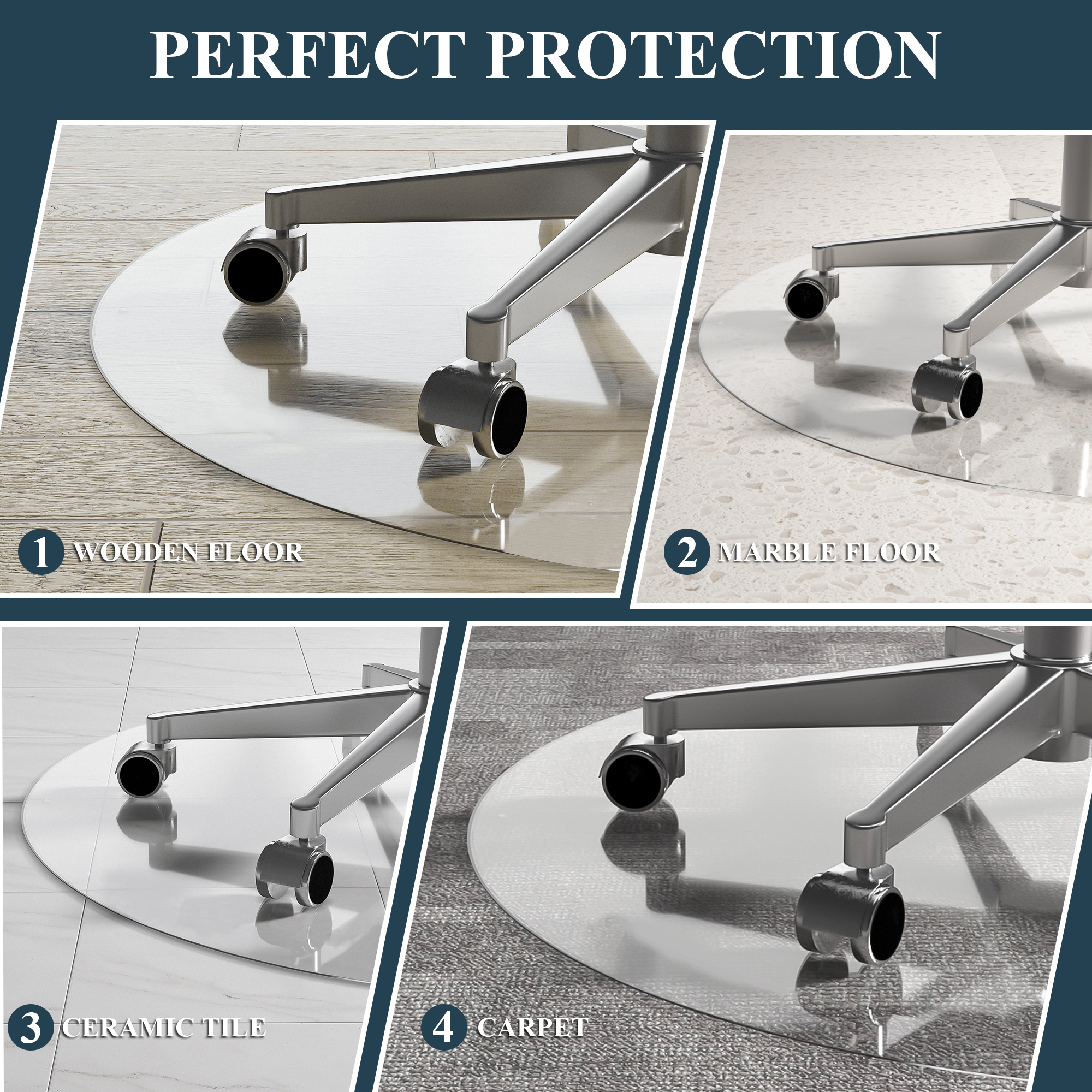 42"x42" Round Transparent Glass Floor Mat with Anti-slip Function,6mm Thick