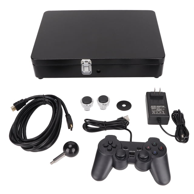 consola de juegos arcade 1280x720 compatible con juegos 3d 2d máquina de juegos portátil multifuncional con caja de metal de 14 pulgadas 110-240v enchufe estadounidense caja de metal negra cerrada con cierre metálico; frente: gamepad negro con joysticks y botones, palanca arcade desmontable con bola negra, dos botones transparentes, cable HDMI, cable USB y adaptador de corriente 110-240 V con clavija estadounidense. Adecuada para multijugador local y conexión de controladores externos vía puertos USB duales según especificaciones.