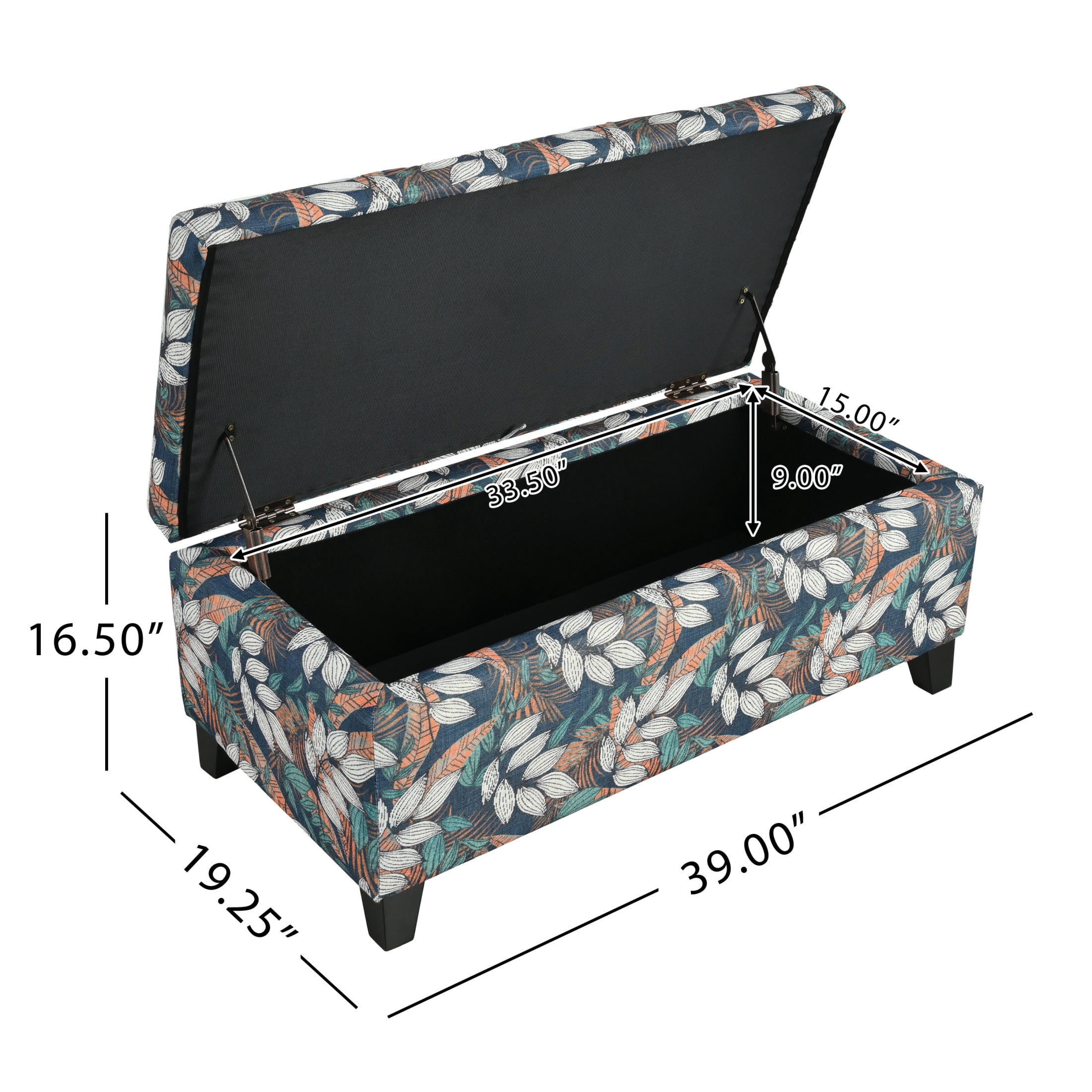 Cruz Contemporary Upholstered Storage Ottoman with Soft Pressure Hinges, Floral Pattern, Orange+White