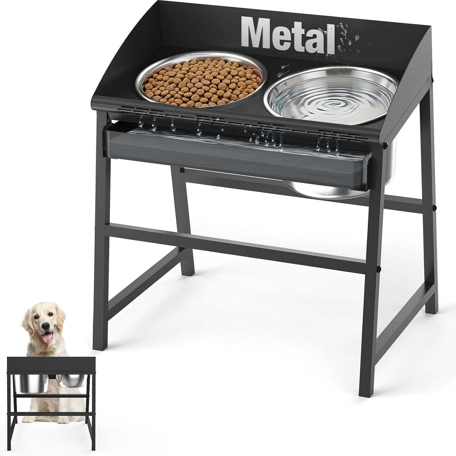 Elevated Dog Bowls for Large Dogs, 15 Inch Raised Stand with Stainless Steel Bowls, Spill Resistant Design, Easy to Clean, Great for Indoor Outdoor Feeding, Improves Posture