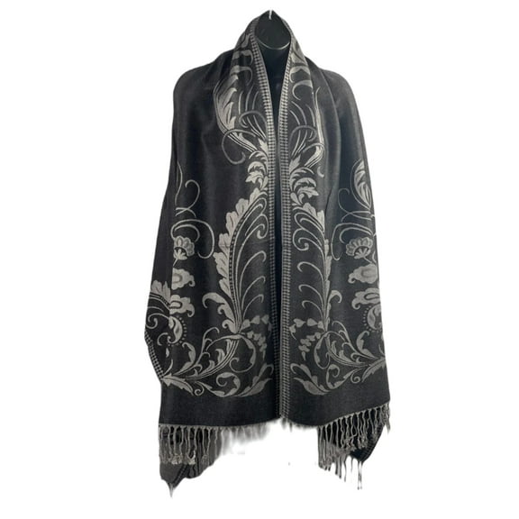 Charcoal Pashmina Shawl with Silver Floral Motifs – Classic Fringed Elegance for Every Occasion