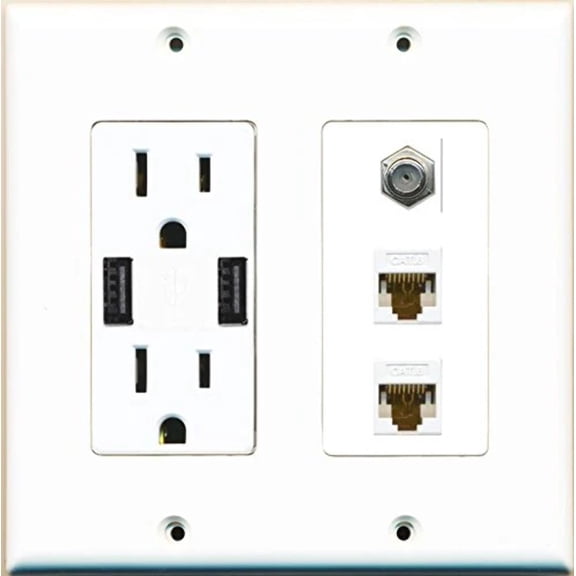 RiteAV Power Outlet 2 USB Charger Coax 2 Cat6 Wall Plate White