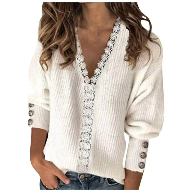 WUANDIXFA Women Fall Sweaters Women Solid Color V Neck Lace Stitching Buttons Long Sleeves Sweater White,L