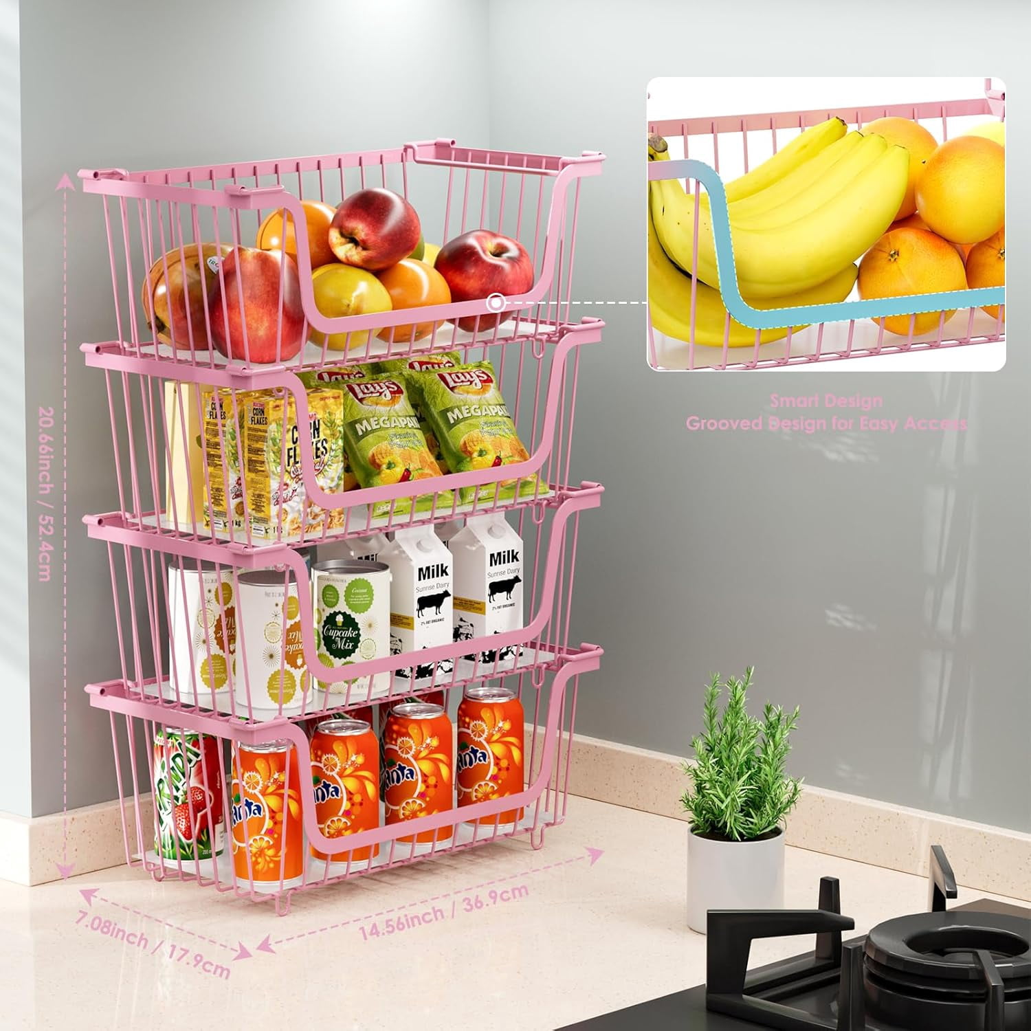 4 Pcs Stackable Wire Baskets for Pantry Organizers and Storage,Vegetable Fruit Basket for Countertop,Kitchen Storage Metal Baskets,Produce Potato Onion Storage Bin,Black