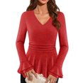 thumbnail image 2 of Women's Mid Sleeve Shirt - Smart Casual Blouse with Elastic Hem & Round Neck, Wrinkle-Resistant Work Tops, Ladies Short Sleeve Office Shirt, Solid Color,Red - L, 2 of 7