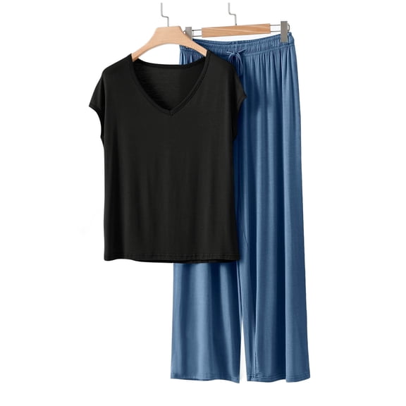 Juslio Women Pajamas Solid Fashion Casual Modal V-Neck Tops and Pants Homewear 2 Piece Matching Pajamas Sets L