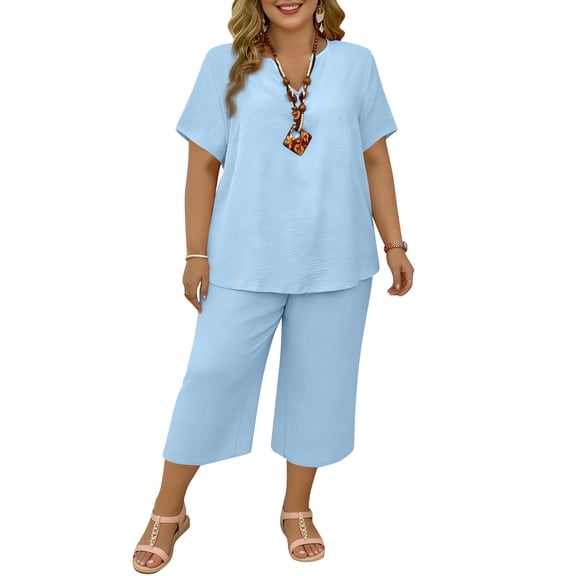 Women's Plus Size 2 Piece Outfits Short Sleeve V Neck Pullover Top Wide Leg Pants Lounge Set 2026 Sky Blue 5XL