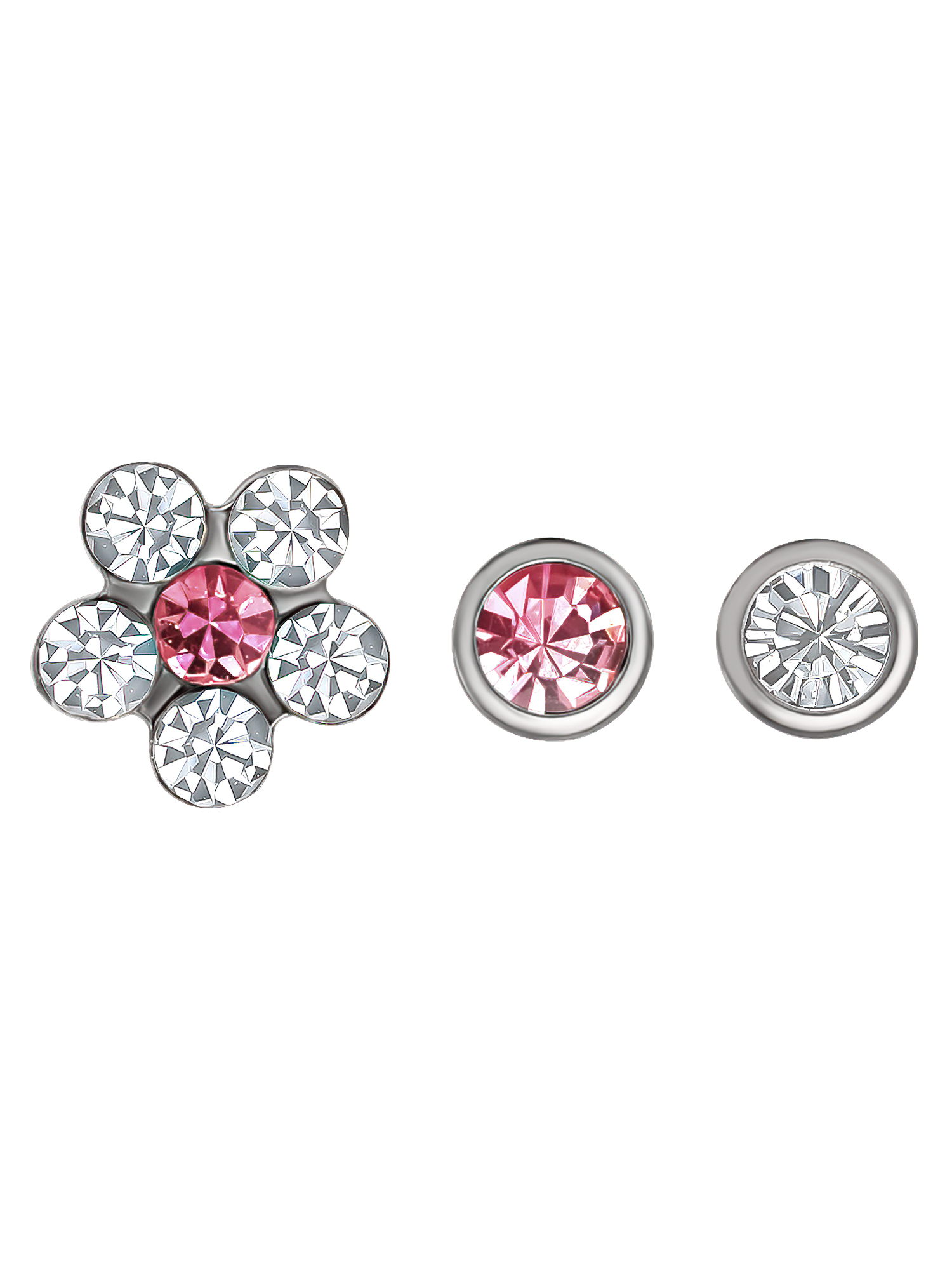 Women's Trio of Stainless Steel Flower Nose Studs with Crystal Accents, 3-Pack