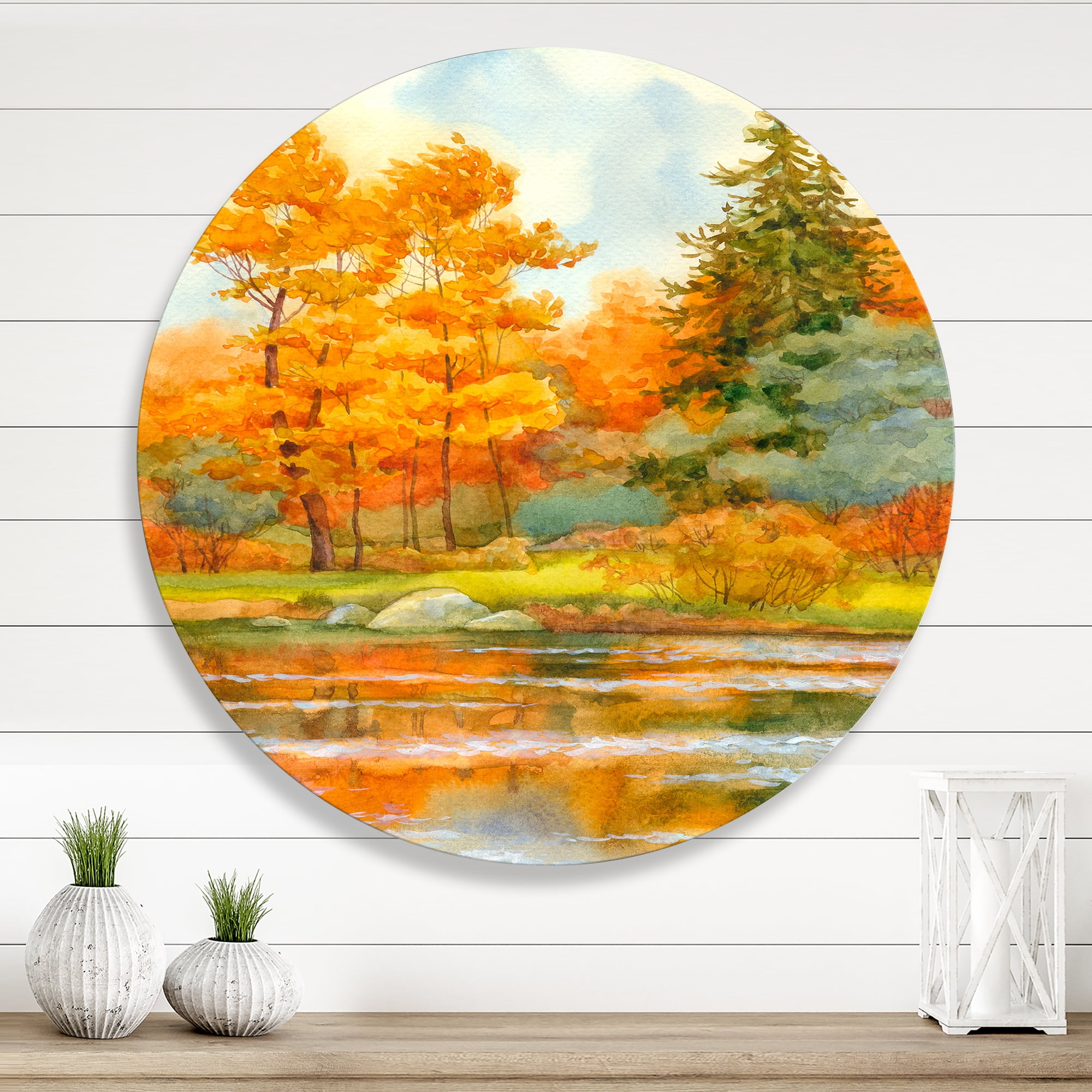 Designart 'Autumn Forest By The Lake Side IV' Lake House Circle Metal Wall Art 23x23 - Disc of 23