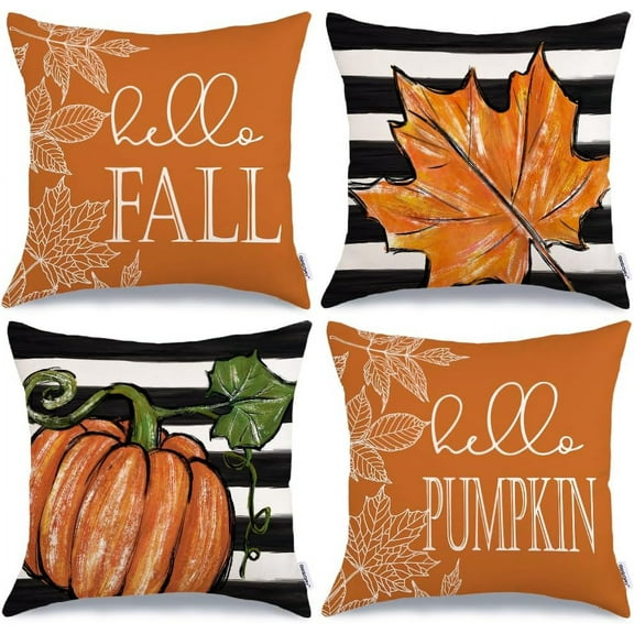 Fall Decorative Throw Pillow Covers 20 x 20 Inch Set of 4, Hello Pumpkin Maple Leaves Stripes Fall Decor Outdoor Farmhouse Pillow Cases for Home Couch (Orange Color) G340-20