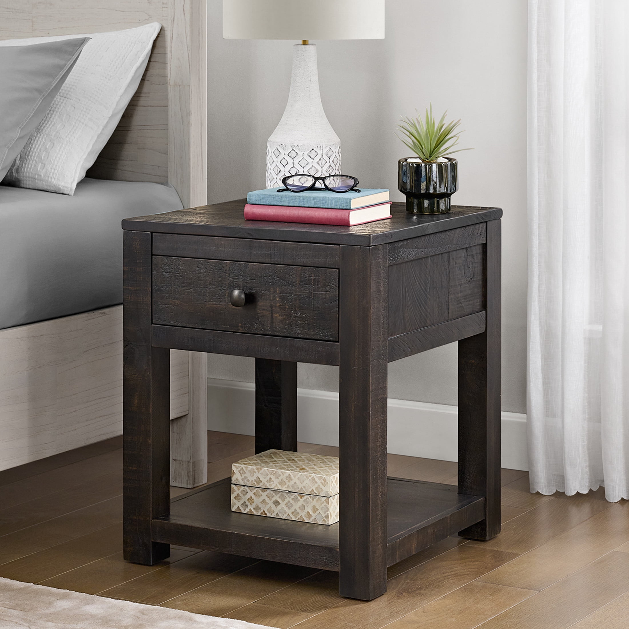 Alaterre Furniture Durham Living Room Side Table - 20in End Table with Drawer and Shelf, Dark Brown