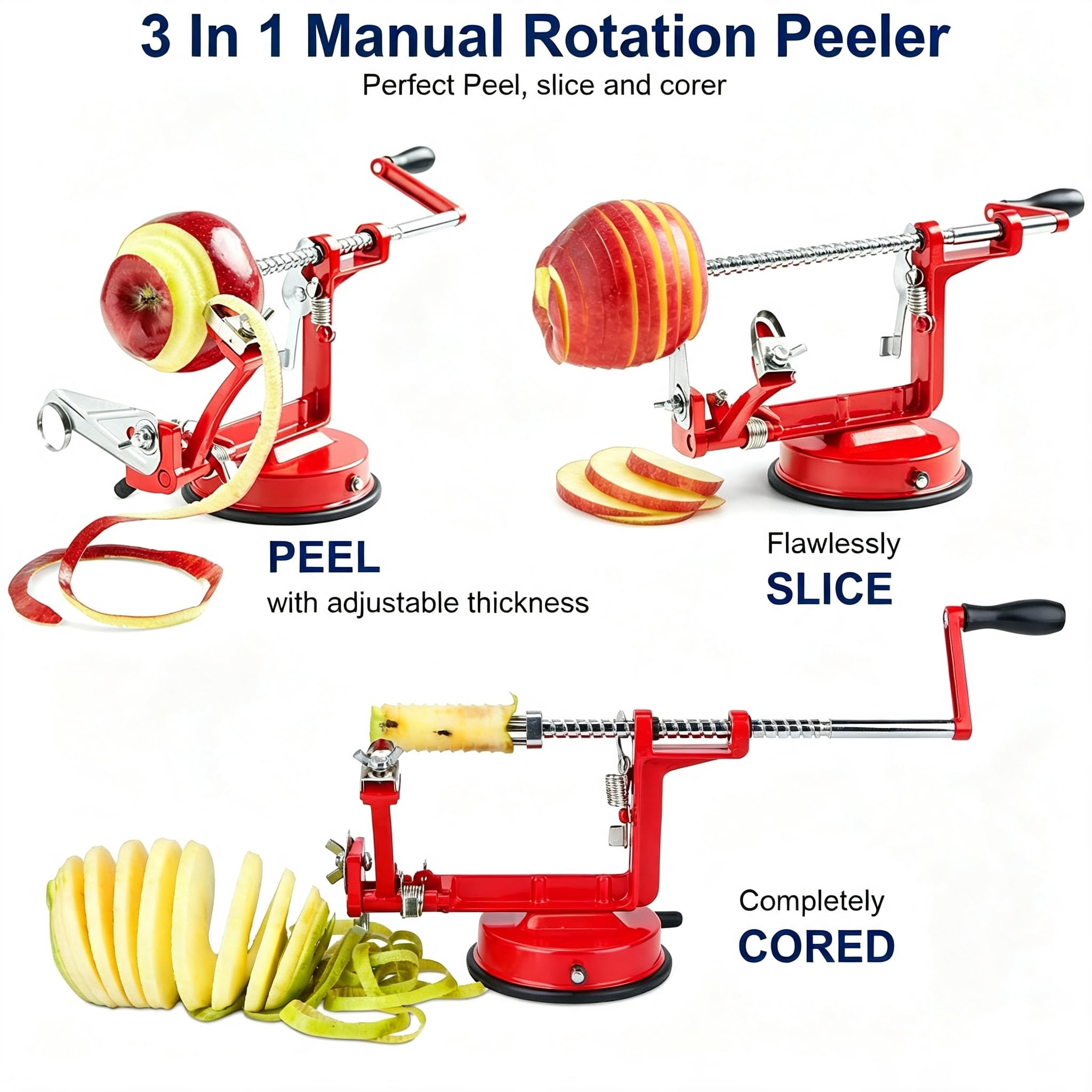 3 in 1 Fruit Peeler, 3‑in‑1 Apple Peeler Slicer Corer,Apple Slicer Corer with Suction Base, Zinc Alloy and Stainless‑Steel Blade for Kitchen Fruit Processing