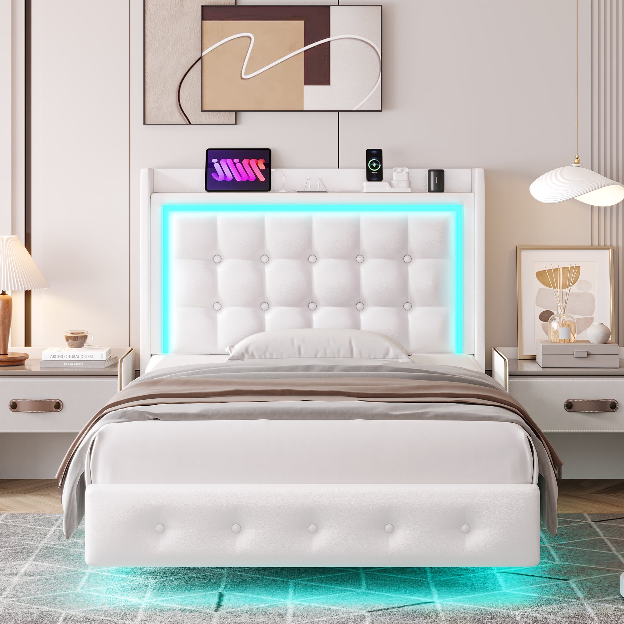 Homfa Twin Size Floating Bed with LED Lights Charging Station, Modern PU Upholstered Platform Bed with Storage Headboard, White