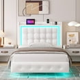 thumbnail image 2 of Homfa Twin Size Floating Bed with LED Lights Charging Station, Modern PU Upholstered Platform Bed with Storage Headboard, White, 2 of 7