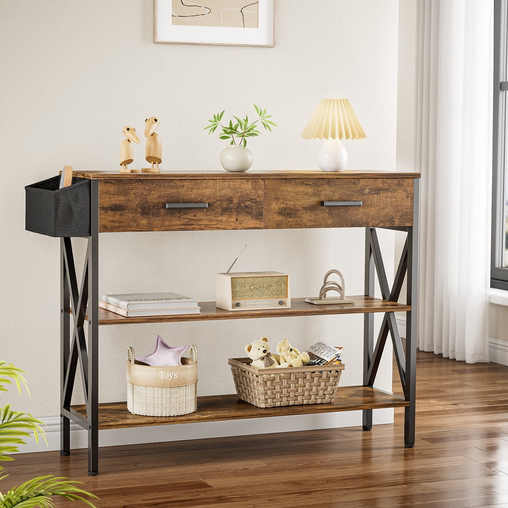 Aiho 39 "L Console Table  with Drawers, Entryway Table with Storage Shelves, Sofa Table for Living Room, Entryway - Rustic Brown