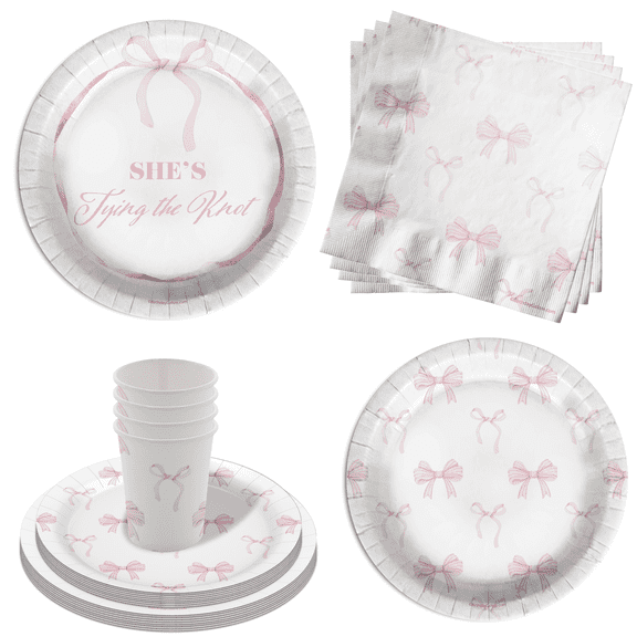 She's Tying The Knot Bridal Shower Party Supplies - 64 Piece Pink Bows Bridal Shower Tableware Set Includes Large 9" Dinner Plates and 8" Dessert Paper Plates Napkins Cups - Kit for 16