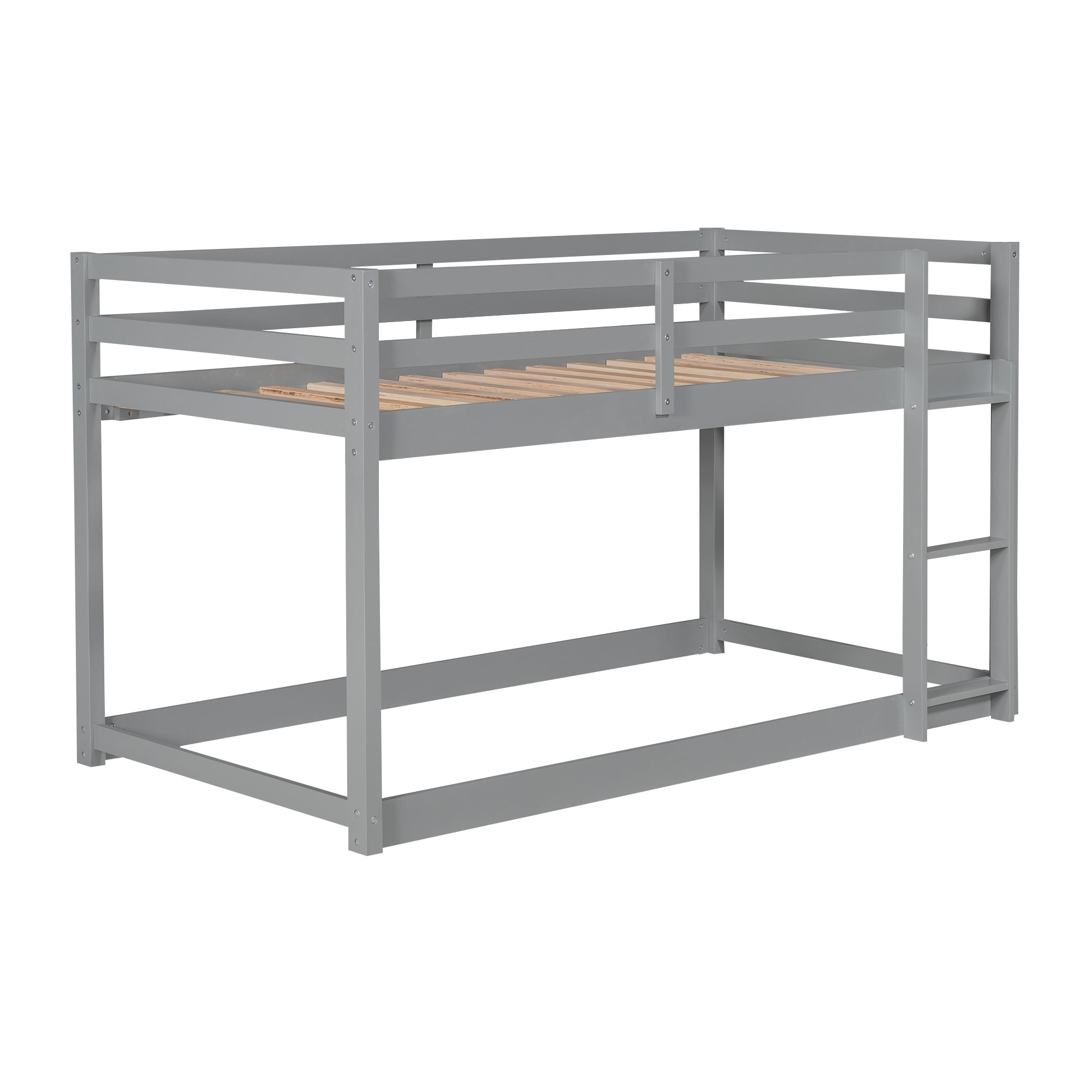 Euroco Twin over Twin Floor Bunk Beds with Ladder and Guardrail for Kids Teens, Gray