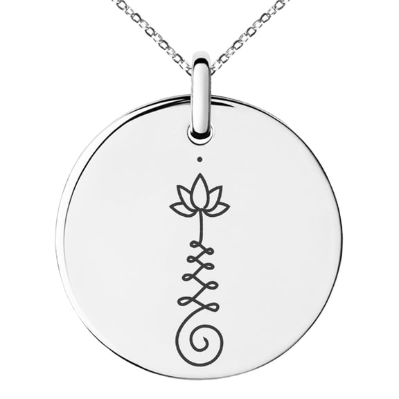 Stainless Steel Sacred Lotus Unalome Engraved Small Medallion Circle Charm Pendant Necklace