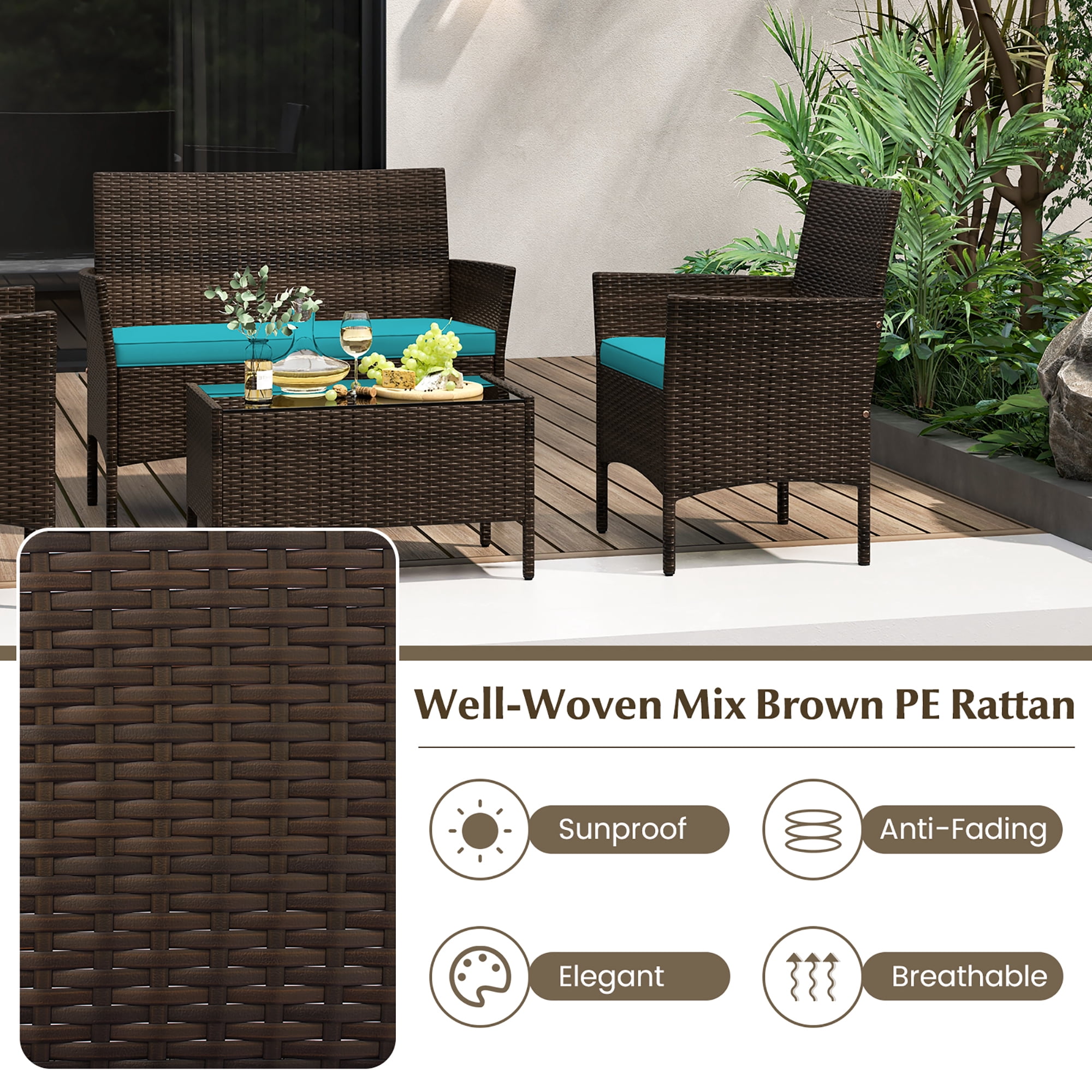 Gymax 4 Piece Patio Rattan Conversation Set Wicker Furniture Set w/ Chair Loveseat Outdoor