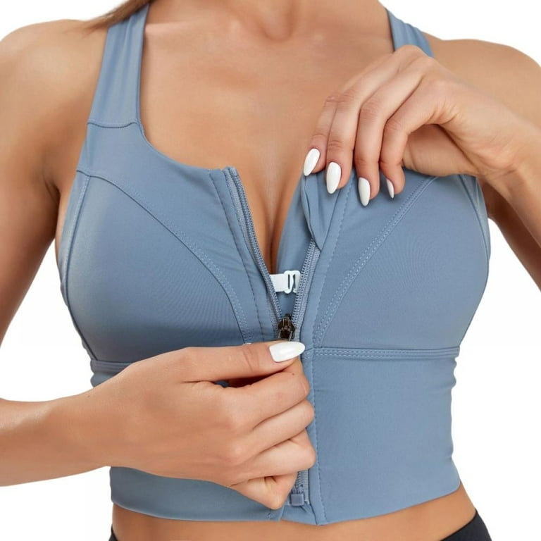 Hioffer High Impact Zippered Sports Bra Removable Padded Yoga Vest Blue at   Women's Clothing store