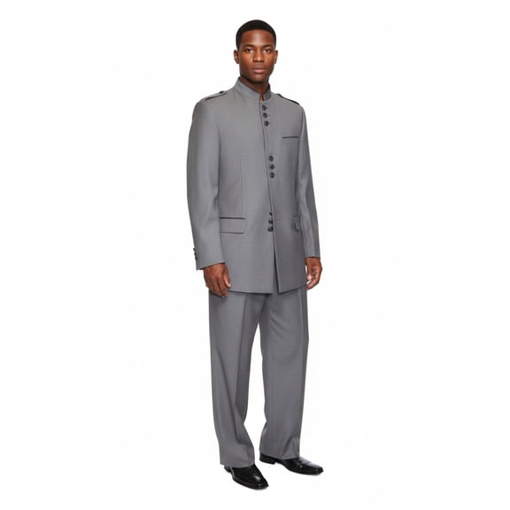 Mens Apollo  King  Banded Collarless suit Chinese Mandarin Wide leg AG93 Gray