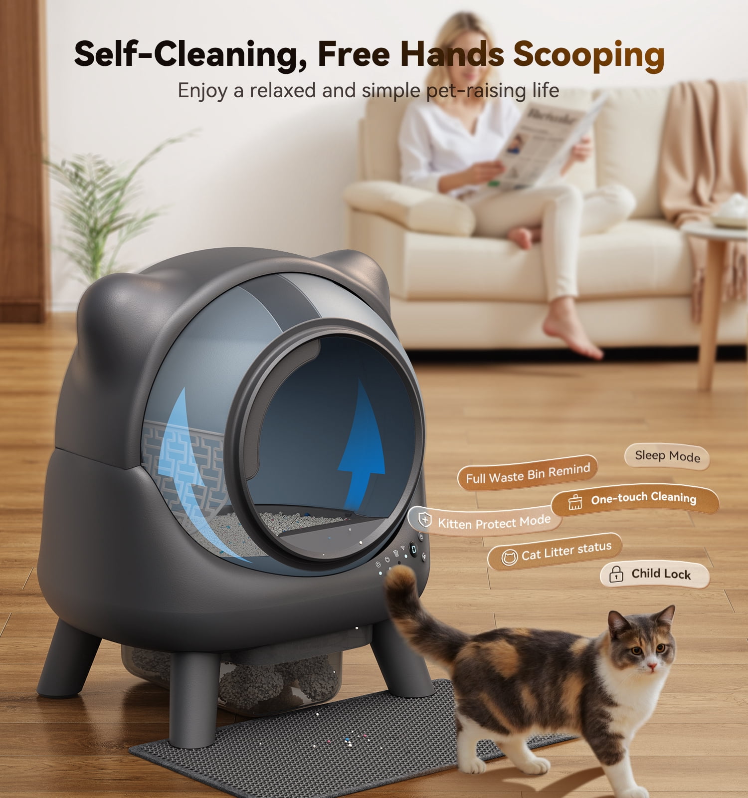 FeelNeedy Self Cleaning Cat Litter Box, 65L Large Automatic Litter Box with App Control Monitoring, Dual Safety Sensor, Odor Control, Includes Litter Mat and Waste Bags, Gray