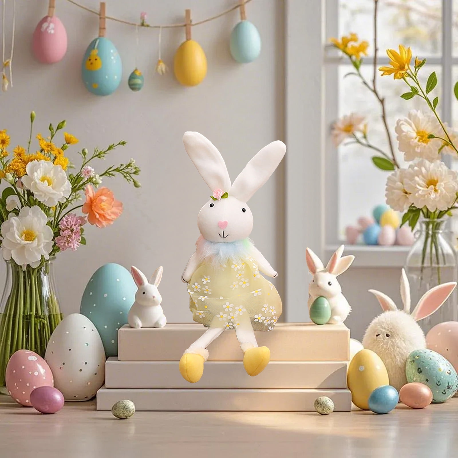 SHENGXINY Easter Bunny Plush, Fabric Bunny Rabbit Toy, Easter Decorations, Stuffed Animals,Standing Statue With Carrots Baskets For Layered Plates Table Decor Yellow 17.32x5.91x5.91in