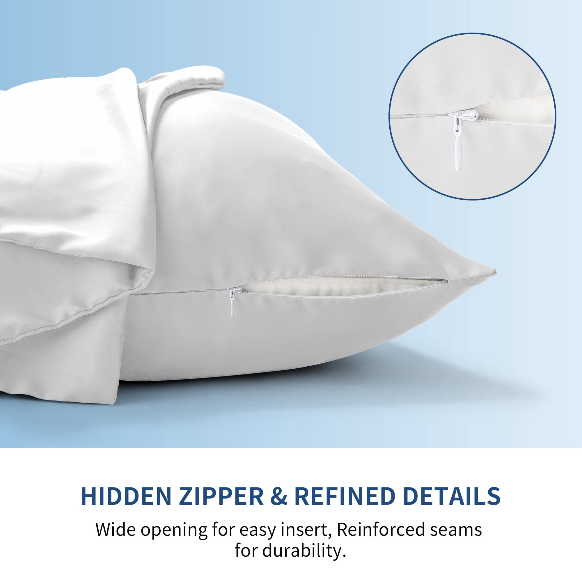 Dafinner Luxury Set of 2 Pure Mulberry Silk Pillowcases with Hidden Zipper Queen Size, Silky Pillow Cases for Skin & Hair (20x30, White)
