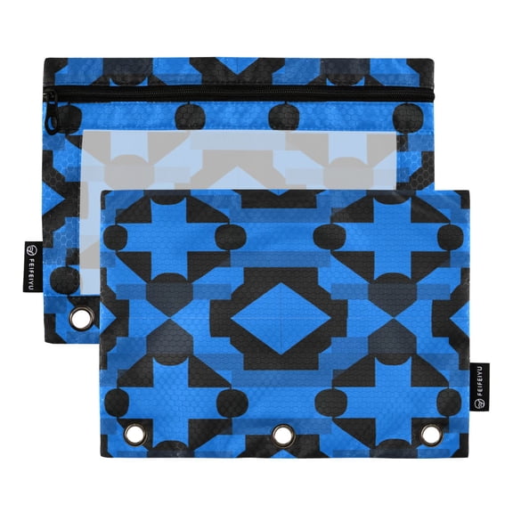 2 Pack 3 Ring Binder Pouch with Clear PVC Window Water Resistant Zipper Pencil Pouch Dark Blue Black Plaid Binder Pocket for Classroom Office Home Stationery Organization