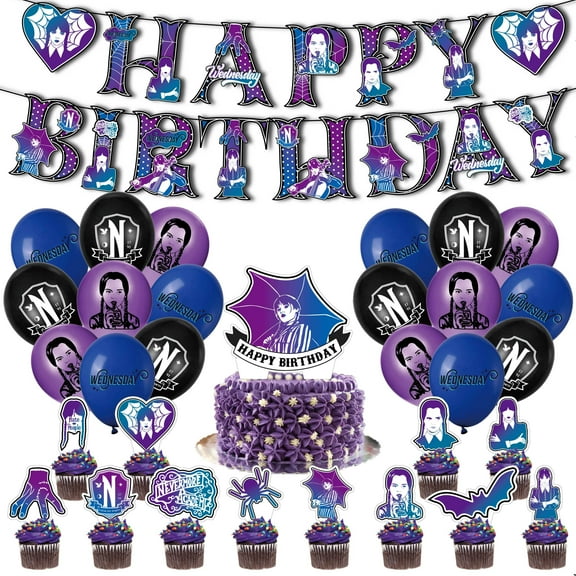 32 PCS For Wednesday Movie Themed Birthday Party Decoration, Includes Banner, Cake Topper, 12 Cupcake Toppers, 18 Balloons Party Supplies for Festive Celebrations