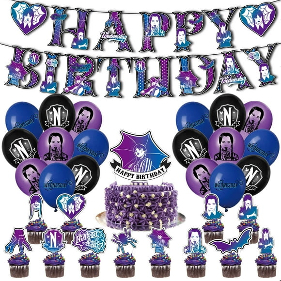 32 Pcs For Wednesday Cartoon Theme Birthday Decorations Party and Favors Essentials - Includes Banner, Cake Topper, 12 Cupcake Toppers, and 18 Balloons for Party Supply Set