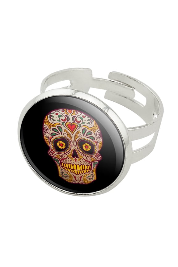 Skull Day of the Dead Southwestern Silver Plated Adjustable Novelty Ring
