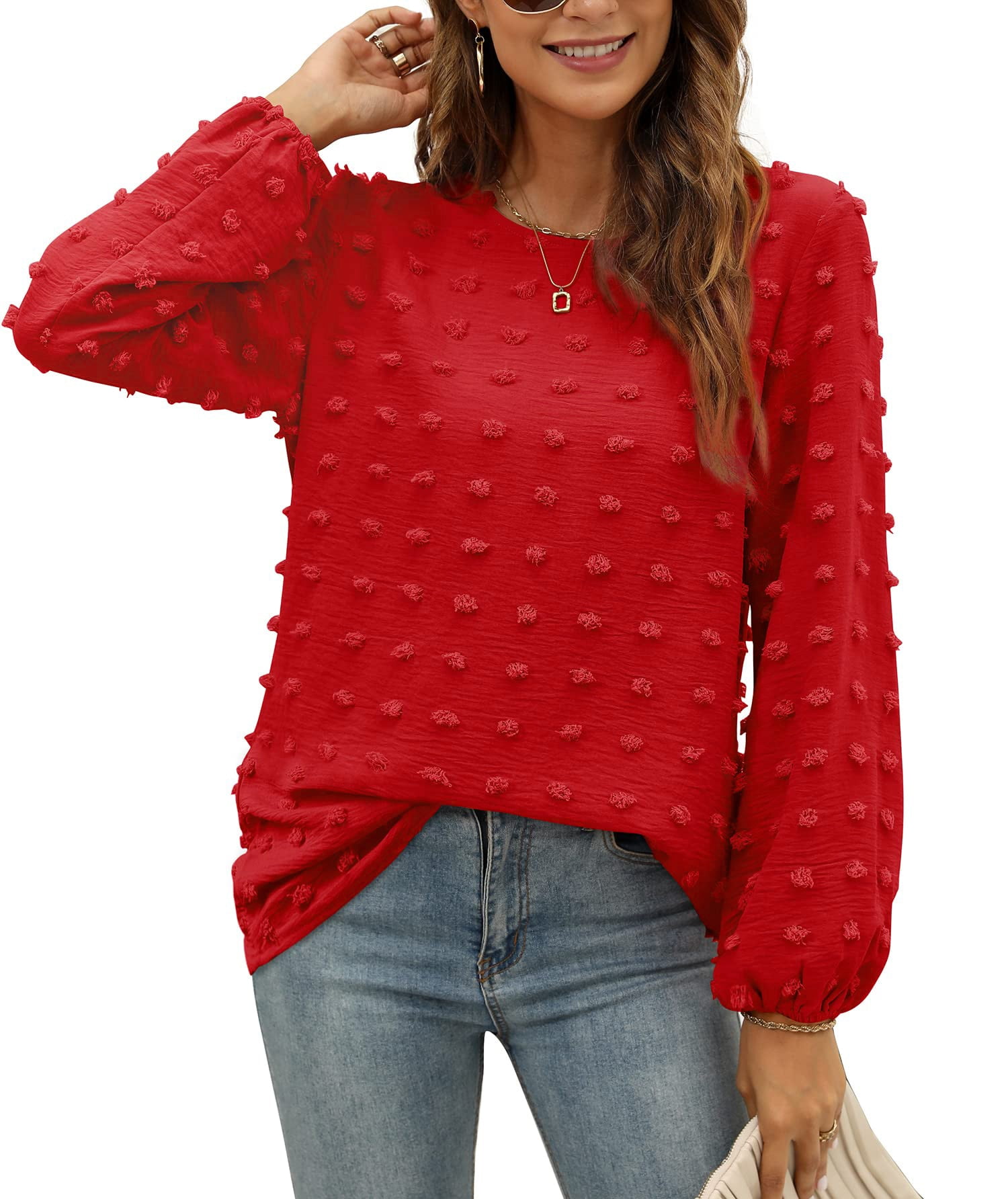 Blouses for Women Crewneck Long Sleeve Tops Chiffon Pom Pom Shirts Fall Casual