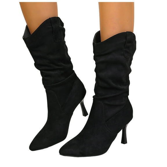 Rokment Womens Slouchy Stiletto Wide Calf Dress Boots Fall Winter Fashion Suede Pointed Toe High Heels Slip on Dressy Pumps Mid Calf Tall Boots for Ladies Black Size 6