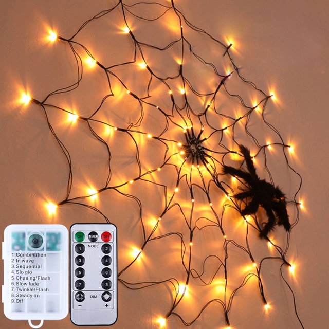 Red de luz LED de telaraña para Halloween, luz blanca cálida, funciona con pilas, resistente al agua, para decoración de fiestas en casa y Halloween