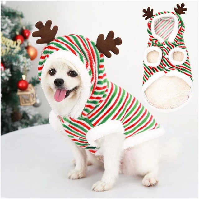 Disfraz navideño con capucha para perro a cuadros, suéter para perro mascota, bufanda de cuerno de ciervo de lana, cálido invierno, disfraz de Chihuahua York, disfraz de gato con capucha, abrigo pequeño, mediano y grande (pequeño) brillar Electrónica