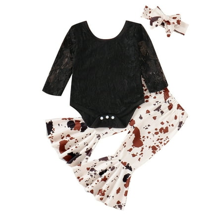 

Zlekejiko Girls Long Sleeve Lace Romper Bodysuit Leopard Prints Bell Bottoms Pants Headbands Outfits