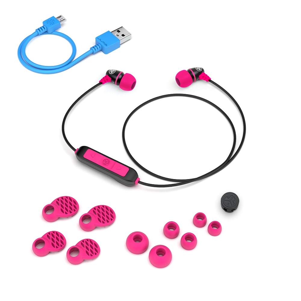 JLab Audio Metal Bluetooth Wireless Rugged Earbuds - Black / Pink - Titanium 8mm Drivers 6 Hour Battery Life Bluetooth 4.1 IP55 Sweat Proof Rating Extra Gel Tips and Cush Fins