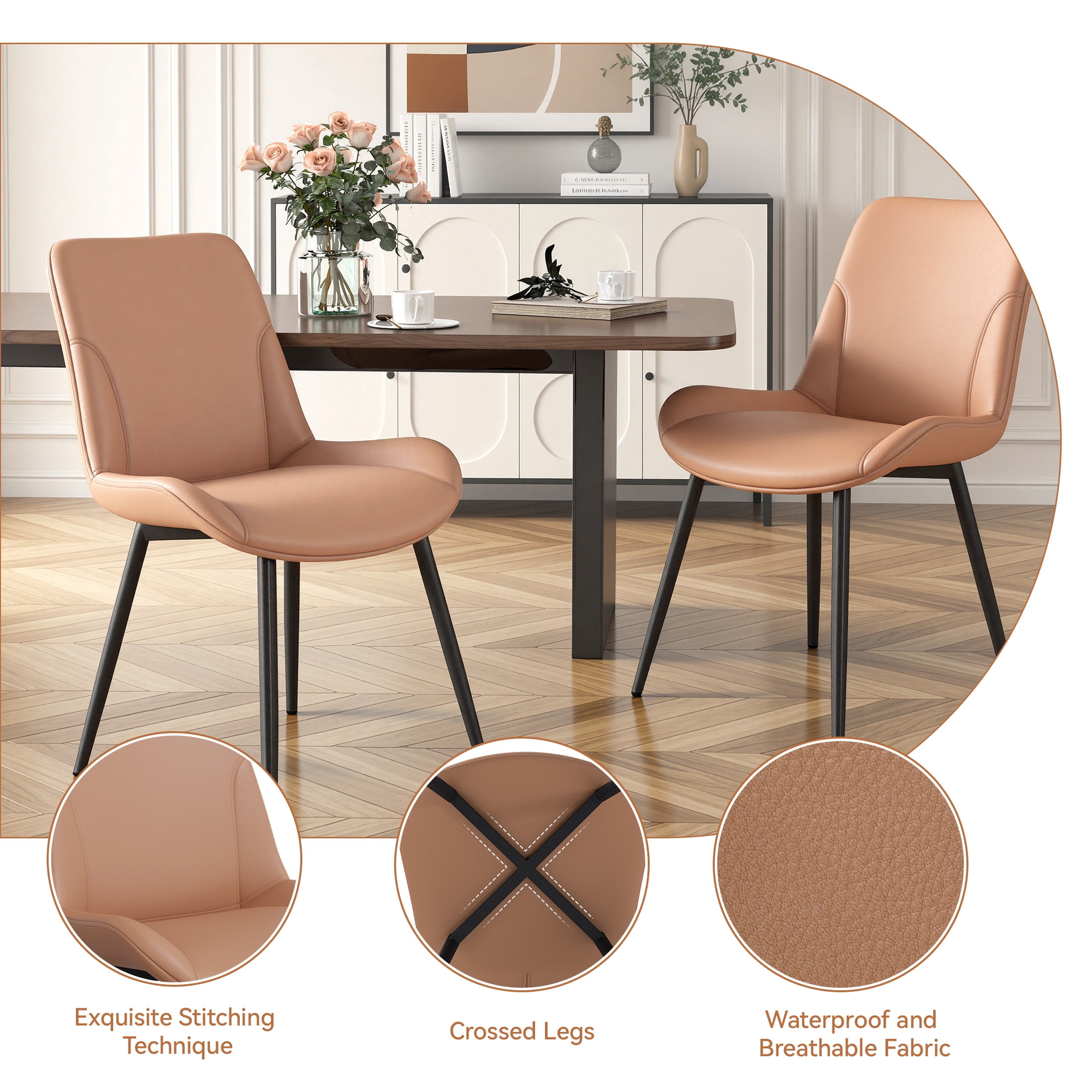 MOONMISS Dining Chair Set of 2,Upholstered with Ergonomic Backrest Metal Legs for Kitchen Office Reading,Brown