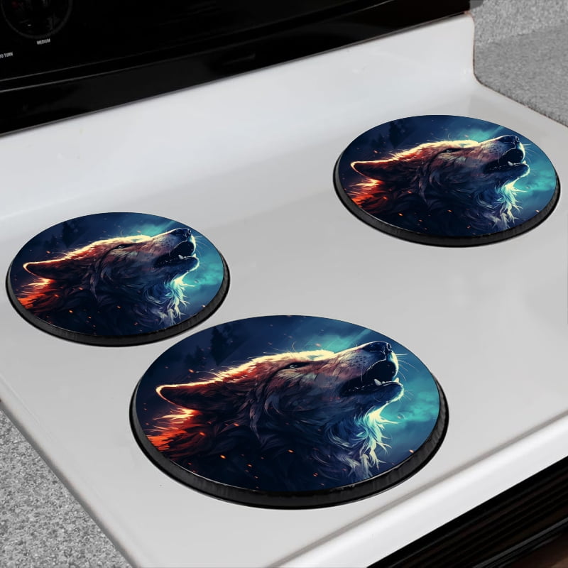 BaHomeck Electric Stove Burner Covers Set of 4,Round Metal Gas Stove Burner Covers 8 Inch and 10 Inch,Kitchen Decor,Fantasy Art Of Wolf Howling In The Night
